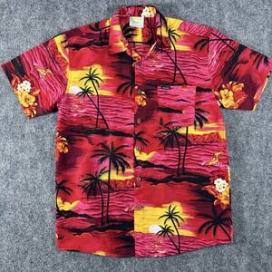Banana Bay Bahamas Mens Large Hawaiian Shirt Surfer Floral Palm Tree Red Yellow